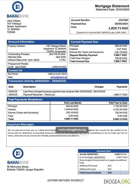 Kirghizistan Bakai Bank relevé hypothécaire Modèle Word et PDF